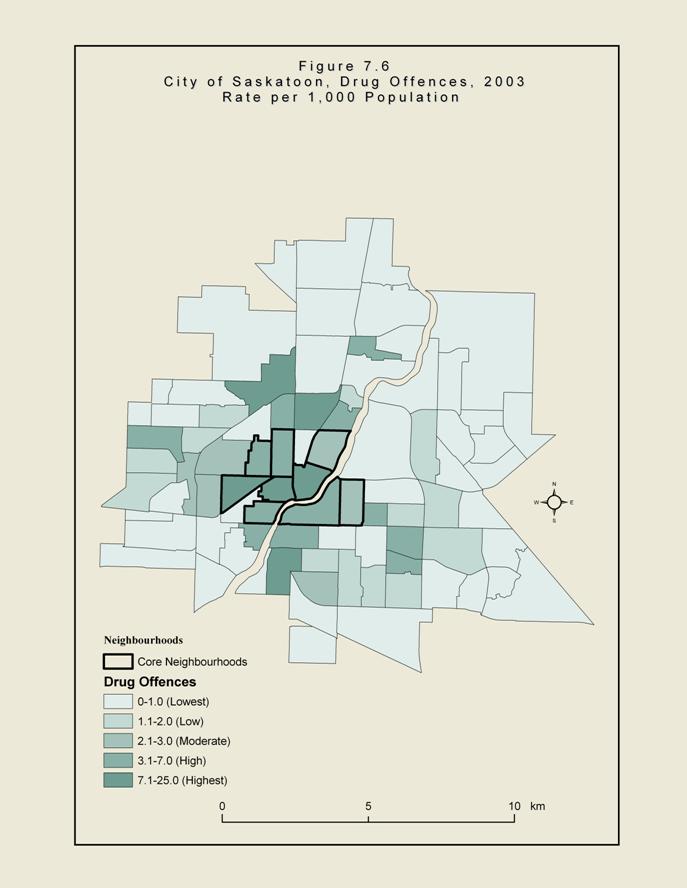 Figure 7.6: City of Saskatoon, Drug Offences, 2003. Rate per 100,000 Population
